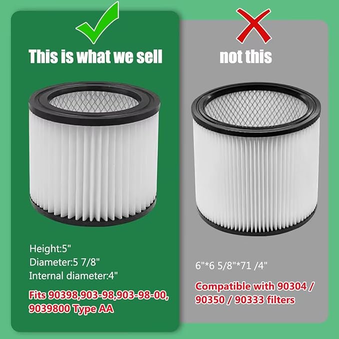90398 Shop Vac Filter Replacement for Shop Vac 90398/118692, 9039800, 903-98-00, 9039833 Small Cartridge Filter Type AA, Fits Most 4 Gallon and Less Wet/Dry Vacuum Cleaner, 2 Pack