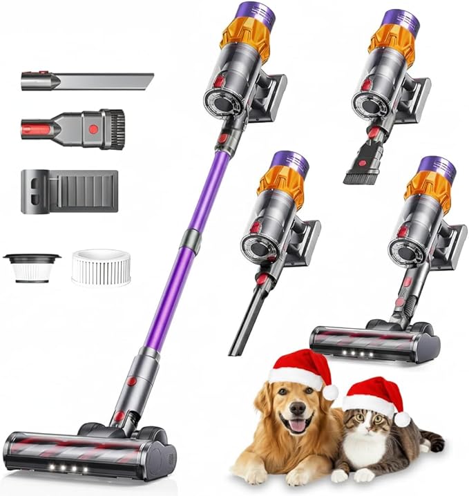 Cordless Vacuum Cleaners-48 KPa/580W with Upto 90Mins Runtime | Stick Vacuum Cleaner with 2 Hepa Filters-Wall Mounted-Touchscreen-Anti-Tangle Brush (UK Plug)