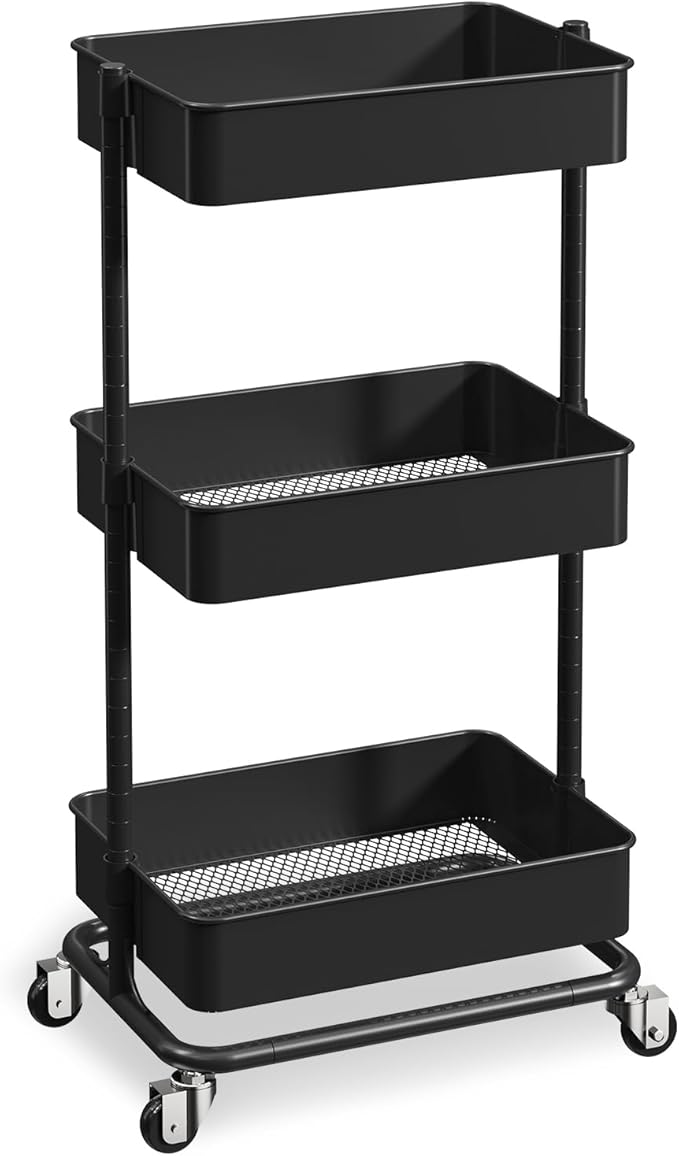 3 Tier Utility Rolling Cart, Heavy Duty Metal Rolling Cart with Wheels, Storage Organizer, Portable Mobile Shelving Unit for Office, Bathroom, Kitchen (Black)