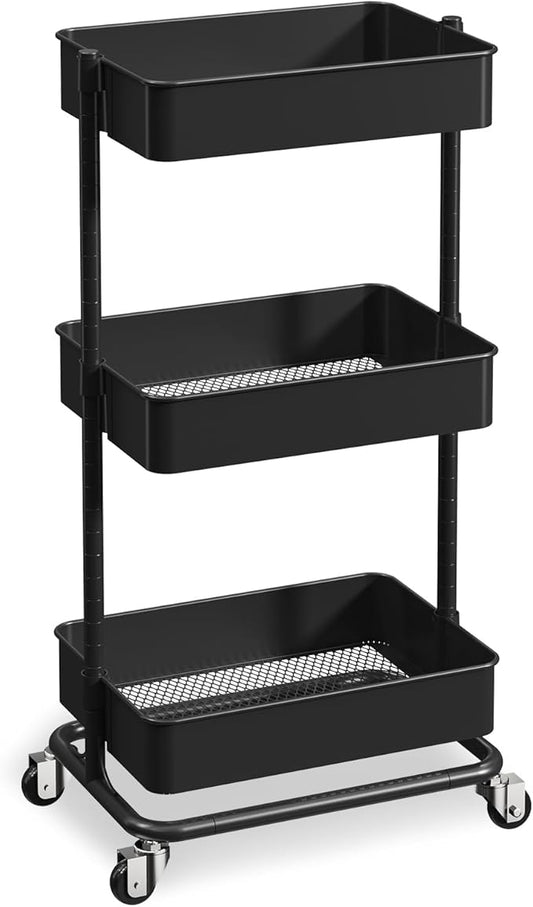 3 Tier Utility Rolling Cart, Heavy Duty Metal Rolling Cart with Wheels, Storage Organizer, Portable Mobile Shelving Unit for Office, Bathroom, Kitchen (Black)
