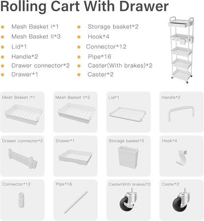 5 Tier Rolling Utility Cart with Drawer,REBECAT Utility Cart Made of Multifunctional Storage Organizer Tool for Kitchen,Bathroom,Living Room,Office(White)