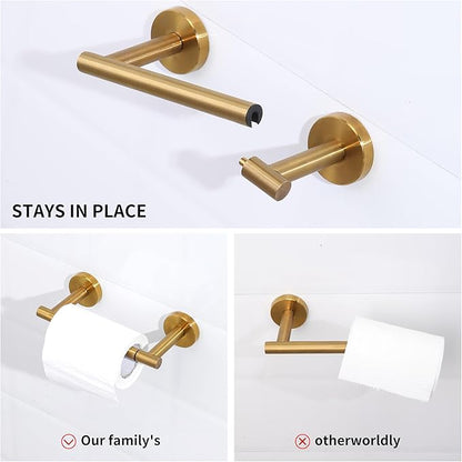 Brushed Gold Toilet Paper Holder Set, Stainless Steel Towel Ring, Double Post Pivoting Toilet Paper Holder and Hand Towel Holder Set for Bathroom