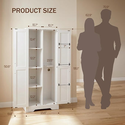 NORTHSKY Wooden Storage Cabinet, Broom Closet & Vacuum Cleaner Storage Compatible with Dyson Vacuum, Utility Cabinet for Brooms and Mops, Cleaning Tool Cabinet w/Doors for Garage, Office, Home (White)