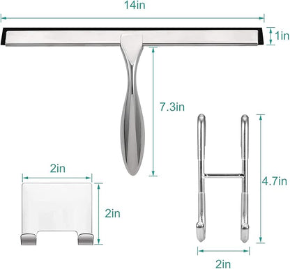 Shower Squeegee for Glass Doors,14-Inch Shower Glass Squeegee, Sliver Shower Squeegee for Shower Doors,Mirror,Windows, with Shower Door Hook and Adhesive Hook