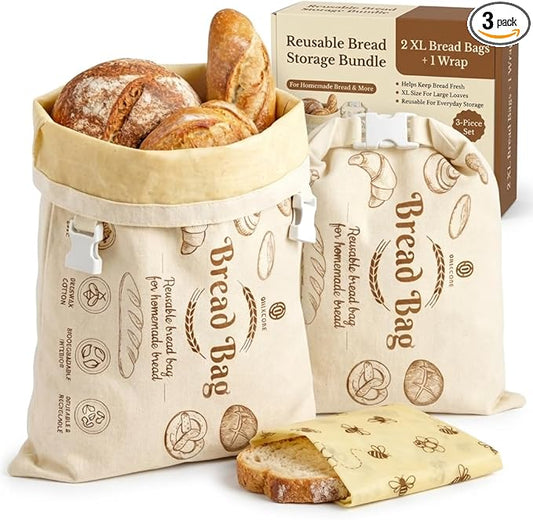 3 Pack Cotton Beeswax Bread Bags for Sourdough - 2XL Organic Reusable with Bees Wax Lining & Buckle Closure + 1 Beeswax Wrap, Wax Cloth Bread Bags & Freezer Safe, Eco-Friendly & Easy to Clean
