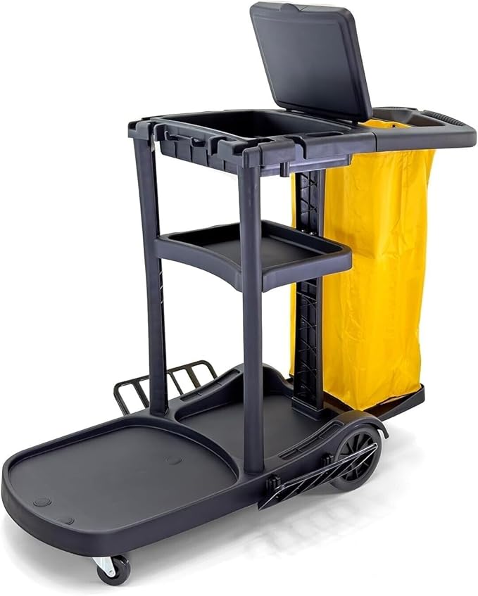Durable Commercial Janitorial Cleaning Cart Caddy with Wheels Cover - 3 Shelves, Vinyl Bag L 52" x W 22" x H 40" Heavy Duty, Black for Housekeeping Office, Stores, Schools