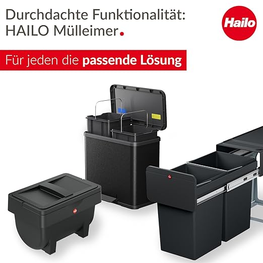 Hailo 0630-260 Oko Duo Plus L Kitchen Trash Can with 2.4 Gallon Bins, Rectangular Dual Compartment Recycling Step, Removable Inner Buckets with Soft-Close Lid Kitchen Trash Can, Black