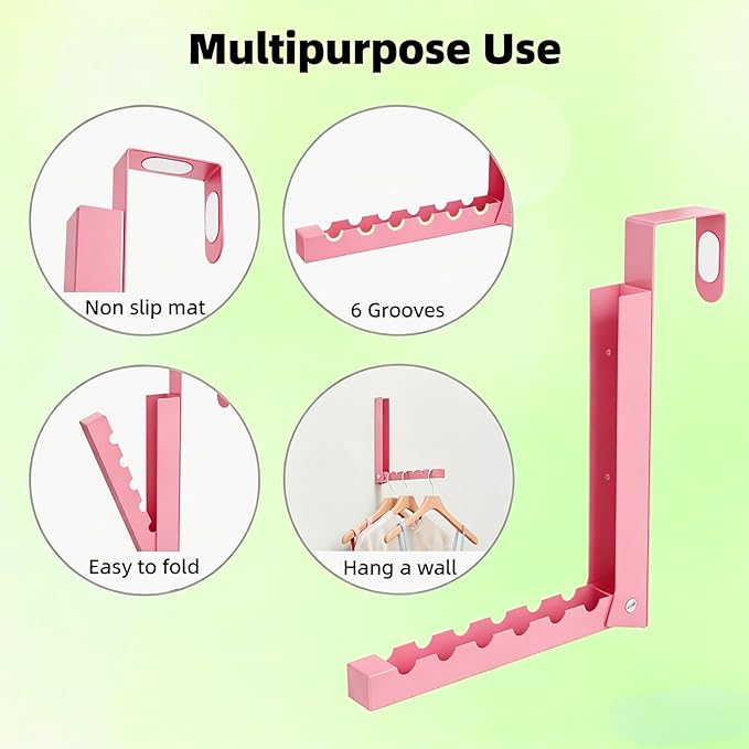 2 Pack Pink Over The Door Hooks, Over The Door Hanger, Folding Over The Door Drying Rack for Laundry,Foldable Over The Door Clothes Hanger,Small Clothes Drying Rack for Dorm Portable