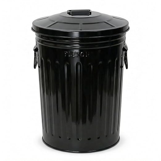 Plexon 2 Gallon Small Metal Trash Can with Lid Bathroom Garbage Can with Lid Bathroom Trash Can for Bedroom Office Kitchen Indoor Waste Basket, Round Powder Coated Black Bucket