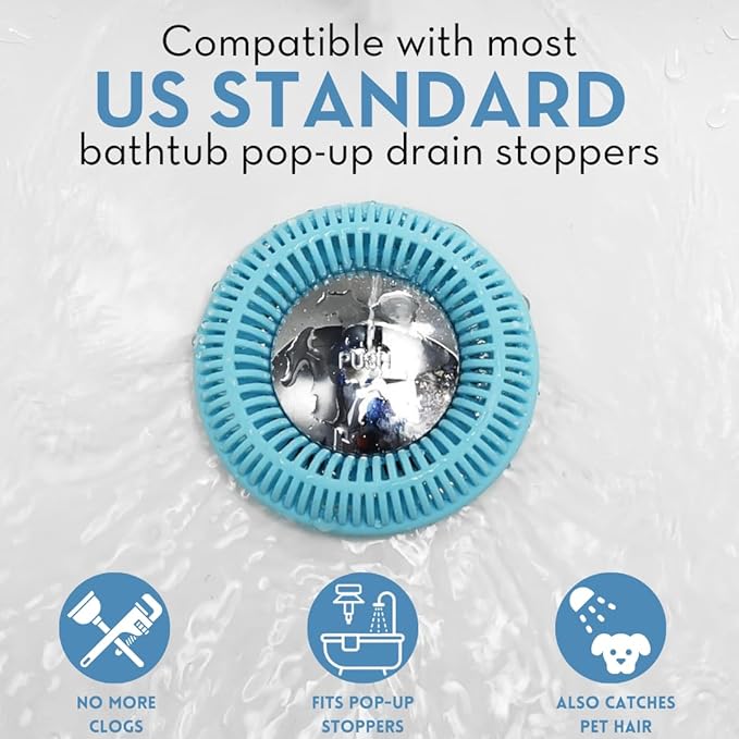 Hair Catcher for Shower Drain & Bathtub – TubRing Pop-Up Drain Protector & Strainer, Reusable Silicone Stopper for Bathroom Clog Prevention, Fits 1.85"–2.16" Drains | Aqua