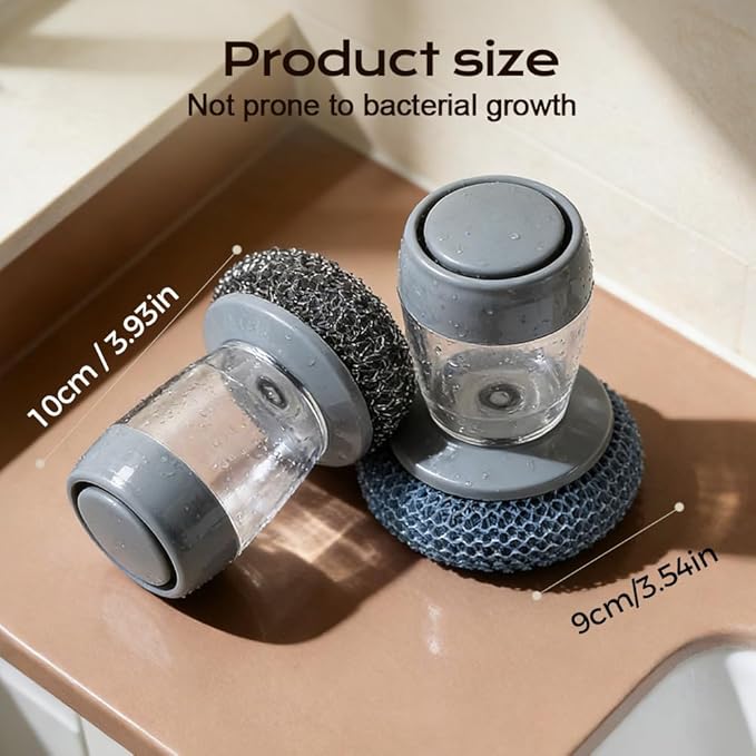 Comfort Grip Soap Dispensing Kitchen Scrub, 2026 New Dish Brush Soap Dispenser, Built-in Liquid Dispenser, with Replaceable Nylon/Wire Bristles (3 Steel Wire Brushes + 6 Accessories)