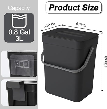 Compost Bin Kitchen, Includes 100 Trash Bags, Hanging Trash Can with Lid, Features Pet-Proof, Odor-Proof, and Quiet Opening/Closing. Suitable for Bathrooms/Bedrooms/Offices (Black, 0.8Gal/3L)