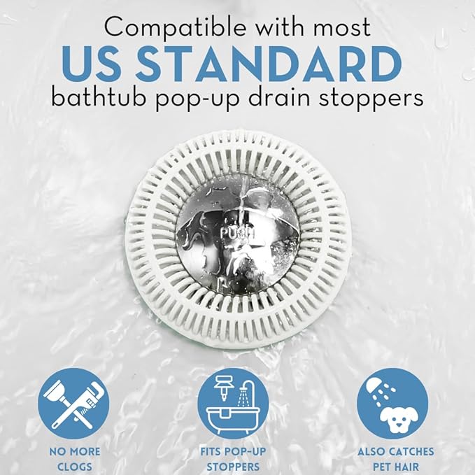 Hair Catcher for Shower Drain & Bathtub – TubRing Pop-Up Drain Protector & Strainer, Reusable Silicone Stopper for Bathroom Clog Prevention, Fits 1.85"–2.16" Drains | White