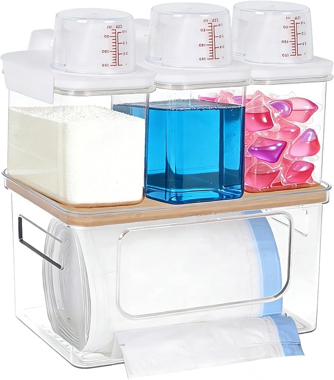 11.6"×7.5"×7" Large Trash Bag Holder with Bamboo Lid 3Pcs Air Tight Laundry Detergent Organizers with lid Measuring Cup Dishwasher Pod Holder Stackable Containers Under Sink for Kitchen Laundry Room