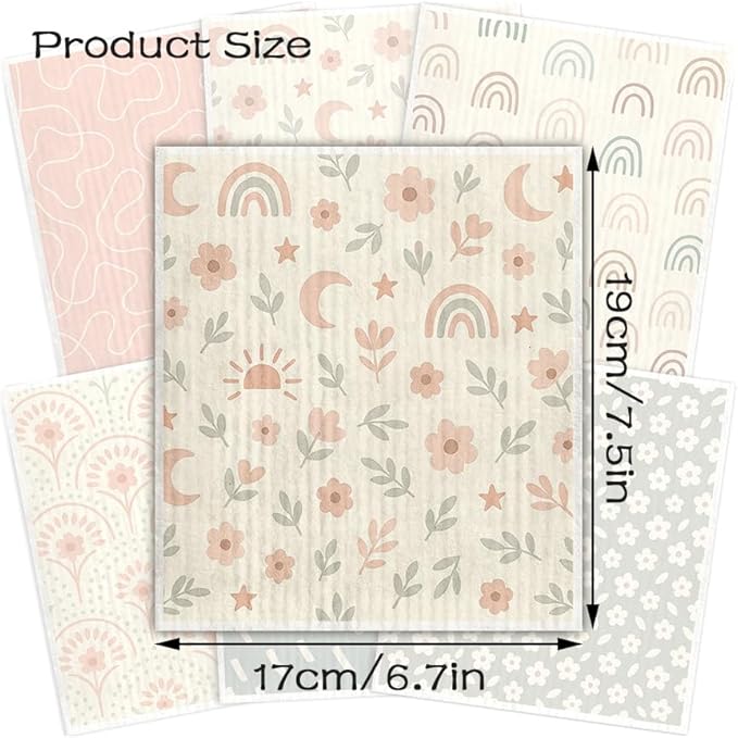 Swedish Dishcloths for Kitchen – 6 Pack Cellulose Reusable Cleaning Paper Towels – Soft, Quick-Drying, Washable Dish Rags for Kitchen, Counters & More (Boho Pattern)
