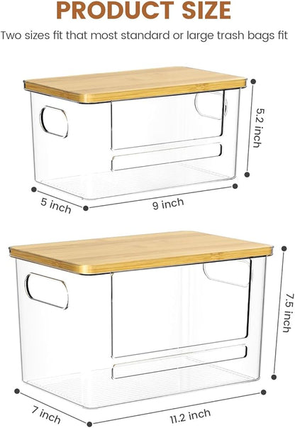 Trash Bag Dispenser 2 Pack, Stackable Trash Bag Holder with Bamboo Lid – Clear Plastic Garbage Bag Organizer for 4-33 Gal Bags, Space-Saving Under Sink Organizer for Kitchen, Laundry, Pantry