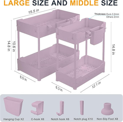 Sevenblue 2 Pack Under Sink Organizer, Under Bathroom Cabinet Organizer with Hooks Hanging Cup, Multi-Purpose Storage Shelf for Kitchen Bathroom (Pink, 14.8 Inch)