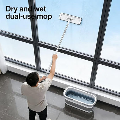 Bucket with Wringer Set, 6 Piece Microfiber Flat Mop Cleaning System with Long Handle, Hands Free Floor Cleaner for Hardwood, Tile & Wall (1 Mop + 6 Microfiber Pads + 1 Bucket)