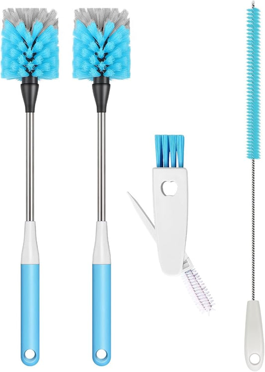 Bottle Brush 15-inch Long Bottle Brush, Kitchen Brush Set with Straw Cleaner and Cup Lid Cleaning Brush. Bottle Brushes Suitable for Water Bottles, Cups, Glasses, Baby Bottles (4, Blue)