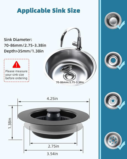 Universal 3 in 1 Kitchen Sink Drain Strainer Stopper Combo, Black Stainless Steel Shell Pop Up Sink Stopper for US Standard 3-1/2 inch Drain Filter, Anti-Clog and Easy Clean, Matte Black