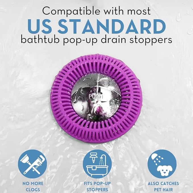 TUB RING The Ultimate Tub Drain Protector Hair Catcher/Strainer/Snare, Regular - Purple