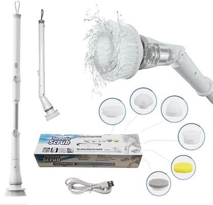 Electric Spin Scrubber - Cordless Cleaning Head with 6 Replaceable Brushes - 90° Rotatable - Ideal for Floor, Window, Cars - Ivory White