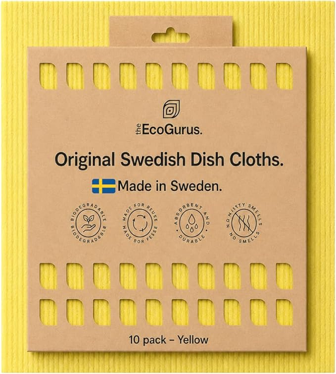 10 Pack Odour-Resistant Reusable Cleaning Cloths | Original Swedish Dishcloth | Made in Sweden | Suitable for All Surfaces | Biodegradable Cellulose Sponge | Kitchen & Bathroom | Yellow