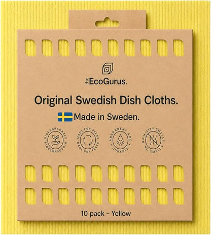 10 Pack Odour-Resistant Reusable Cleaning Cloths | Original Swedish Dishcloth | Made in Sweden | Suitable for All Surfaces | Biodegradable Cellulose Sponge | Kitchen & Bathroom | Yellow