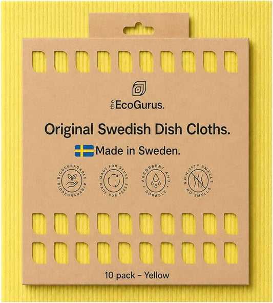 10 Pack Odour-Resistant Reusable Cleaning Cloths | Original Swedish Dishcloth | Made in Sweden | Suitable for All Surfaces | Biodegradable Cellulose Sponge | Kitchen & Bathroom | Yellow