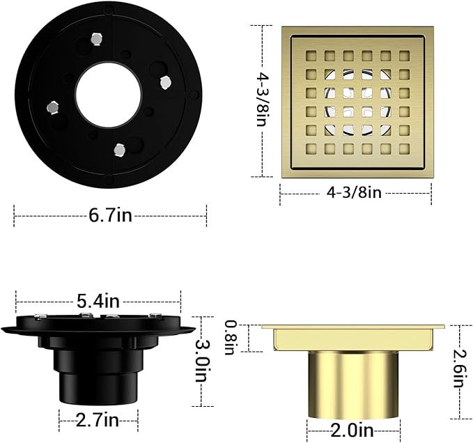 EXF Square Shower Drain 4-3/8 Inch Brushed Gold, Stainless Steel Shower Floor Drain Kit with ABS Flange, Removable Cover Grid Grate, Hair Strainer
