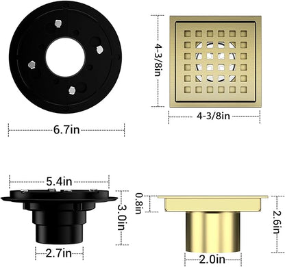 EXF Square Shower Drain 4-3/8 Inch Brushed Gold, Stainless Steel Shower Floor Drain Kit with ABS Flange, Removable Cover Grid Grate, Hair Strainer