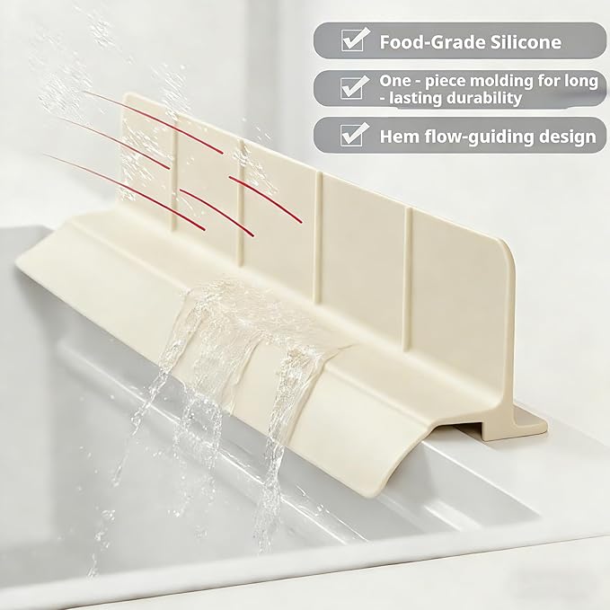 Food Grade Silicone Sink Splash Guard (23 Inch), 7 Strong Suction Cups Non-Slip Water Protector, Dishwasher Safe & Cuttable for Kitchen/Bathroom Countertops (Cream)