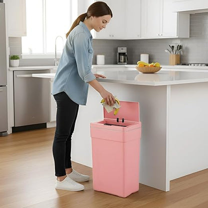 PayLessHere 13 Gallon 50 L Trash Can with Lid Plastic Kitchen Trash Bin Automatic Touch Free Motion Sensor Trash Can (3, Pink)