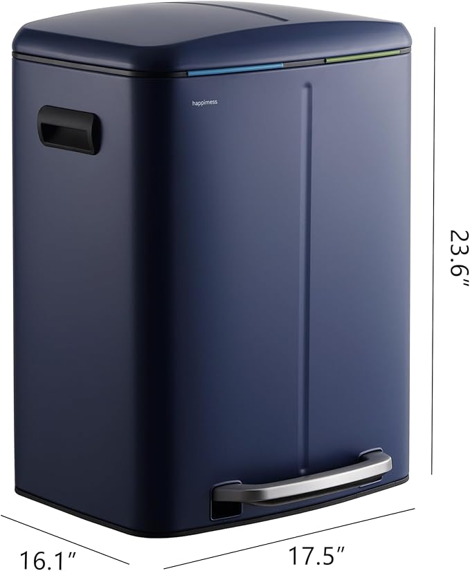happimess HPM1005J Marco Rectangular 10.6-Gallon Double Bucket Trash Can with Soft-Close Lid, Denim Blue, Fingerprint Resistant, Modern, Minimalistic for Home, Kitchen, Office, Bedroom, Bathroom