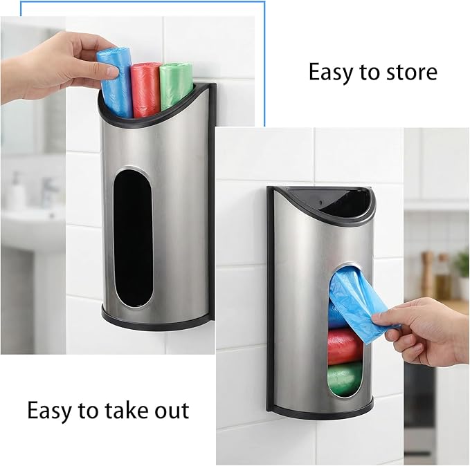 2 Pcs Stainless Steel Grocery Bag Holder Plastic Bag Organizer Wall Mounted Trash Bags Dispenser for Kitchen Pantry Cabinet Garage Storage Space Saving