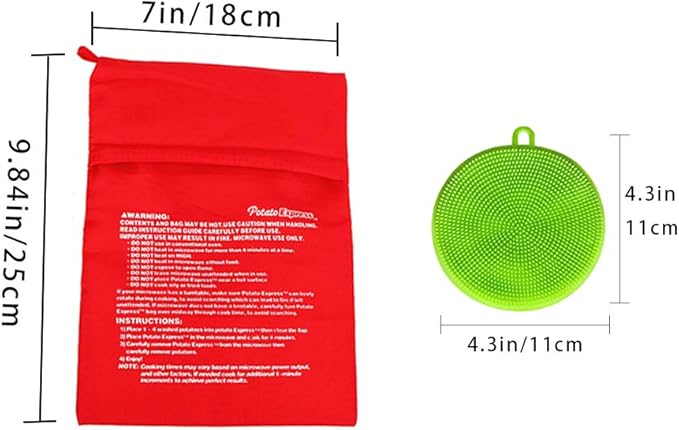 Premium Microwave Potato Bag Kit, with 2PCS Silicone Vegetable Scrubber Brush, Reusable Baked Potato Pouch and Multipurpose Silicone Dish Sponge - Perfect Dishes in Just 4 Min (Green)