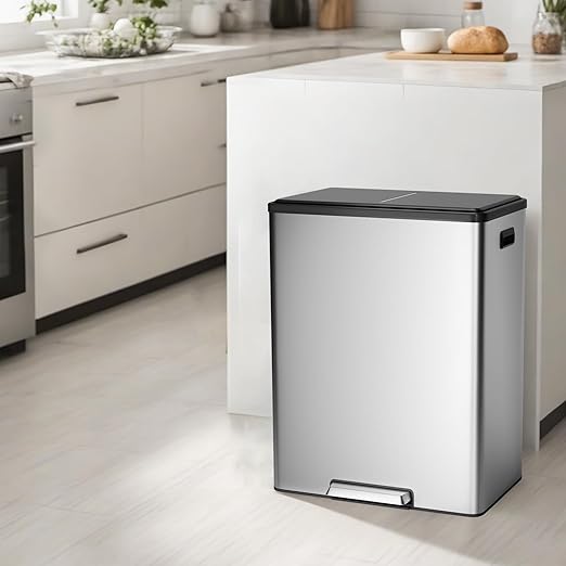 Large Stainless Steel Dual Compartment Recycling Trash Can 60 l/16 Gal Recycle Bins with Lid Waste Bin with Removable Buckets, Bathroom,Kitchen Garbage Can