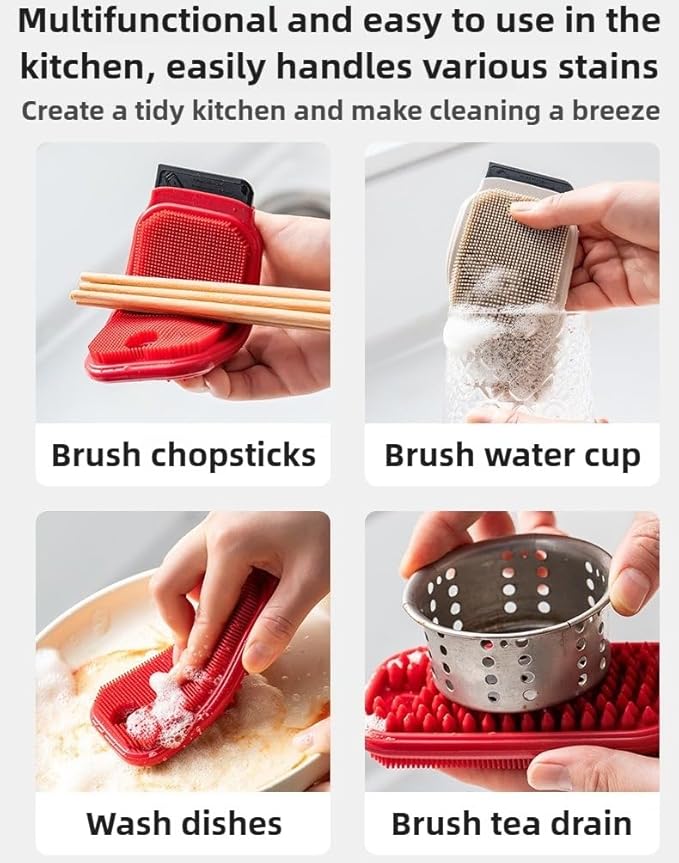 3-in-1 Silicone Dish Sponge-Food-Grade BPA-Free Cleaning Brush with Dual-Sided Comb&Scraper,Hanging Hole for Easy Storage,Fast-Dry Reusable Kitchen Gadget for Dishes/Fruits/Vegetables (Red 1PCS)