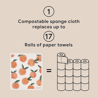 RECYCO Swedish Dishcloths for Kitchen | 5 Pack Peachy Leaves Washable Dish Rags | Cellulose Reusable Cleaning Paper Towels | Absorbent Counter Dish Cloth Sponge Kitchen Wipes, 8" L x 7" W