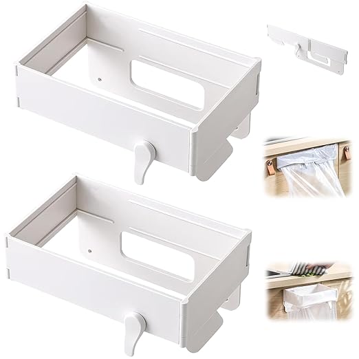 2 PCS Foldable Trash Bag Holder,Garbage Bag Holder,Hanging Waste Garbage Can Rack Magnetic Closure Waste Bag, Space Saving No Drill,for Cabinet Doors, Bathroom, Table Sides