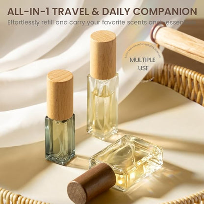 Perfume Atomizer, Glass Perfume Container,Travel Bottle Refillable, Empty Portable Leakproof Frangrance Spray Bottle (Walnut Dusty Blue 5pcs 10ml/0.3oz)