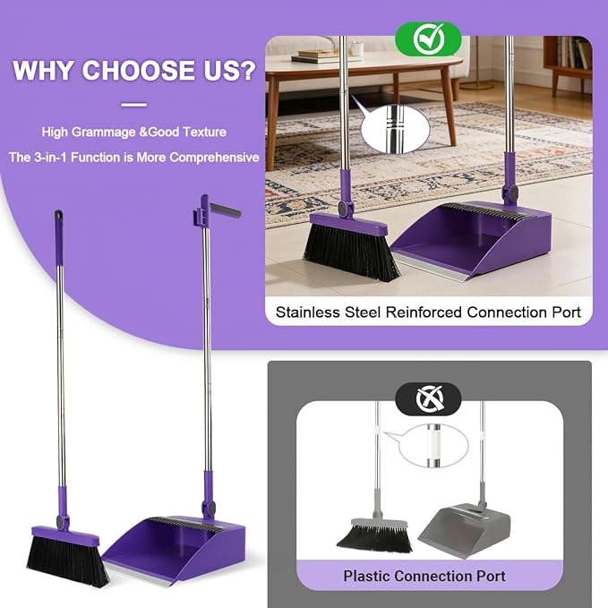 2-in-1 Broom with Dustpan Combo Set,Long Handle Broom Dustpan Combo with Dustpan Teeth to Automatically Clean Hair for Home, Indoor or Outdoor Cleaning Hall Floor (Purple)