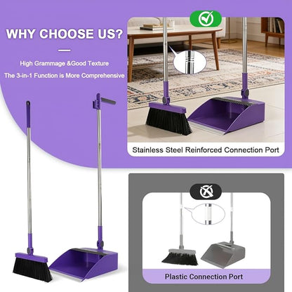 2-in-1 Broom with Dustpan Combo Set,Long Handle Broom Dustpan Combo with Dustpan Teeth to Automatically Clean Hair for Home, Indoor or Outdoor Cleaning Hall Floor (Purple)