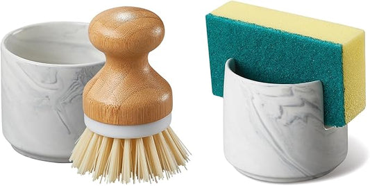 Bamboo Dish Brush Set with Sponge Holder, Kitchen Cleaning Kit, Durable Scrubber Tools, Natural Handle, Stylish Countertop Organizer for Sink Accessories - Marble