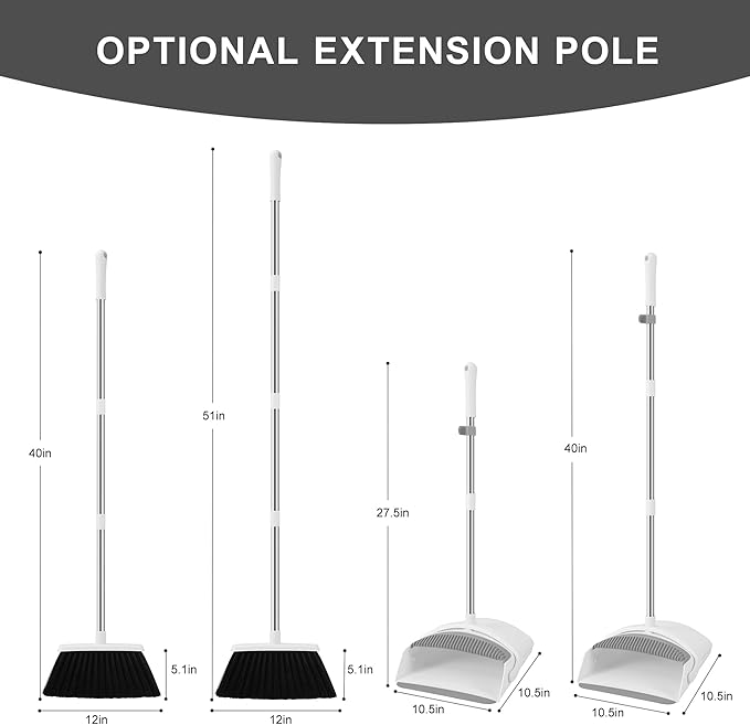 Broom with Dustpan Combo Set, Broom and Dustpan Set for Home Commercial Cleaning Supplies Angle Broom with Long Handle Perfect for Courtyard Garage Street (White)