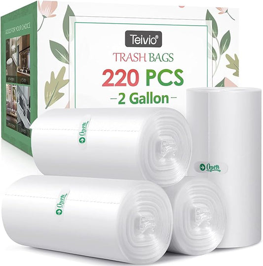 2 Gallon 220 Counts Strong Trash Bags Garbage Bags by Teivio, Bathroom Trash Can Bin Liners, Small Plastic Bags for home office kitchen (Clear)