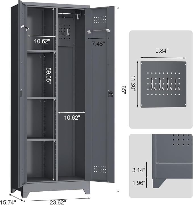 Broom Closet,Broom Closet Storage Cabinets with Lock, 65" Metal Garage Organization Cabinet,Cleaning SupplyUtility Storage Cabinet with Pegboard & Shelves for Laundry Room,Workshop