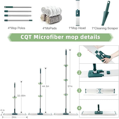 CQT Commercial Flat Microfiber Floor Mop Cleaning System 24" Inch Wet Dry and Dust Hardwood with 4 Washable Pads Cleaner for Laminate Tile Stainless Steel Handle and Extension (PT14 Green)
