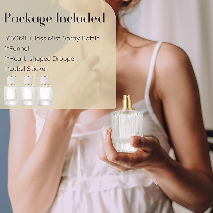 3 Packs Mist Spray Bottle, Small Cologne Travel Spray Bottles, 50ML Reusable Perfume Spray Bottle for Sample Dispenser, Liquid Cosmetic and Home Decor, White Cap