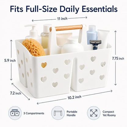 White Portable Shower Caddy Basket with Handle, 3-Compartment Plastic Shower Tote with Drain Holes, Cute Bathroom Organizer for College Dorm, Shared Bathroom, Gym, Travel, Skincare & Cleaning Supplies